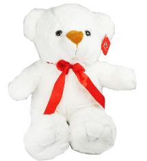 plush white teddy with red ribbon
